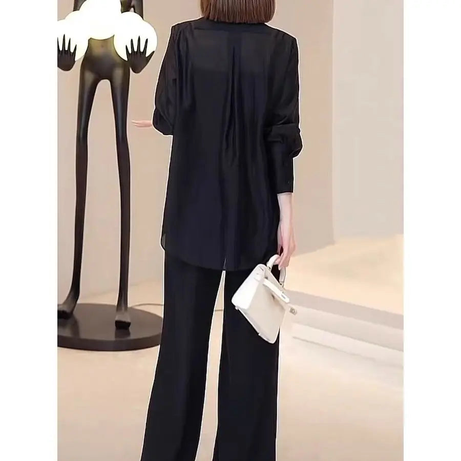 Summer New Hollow Sun Protection Chiffon Shirt Blazer Wide Leg Pants Two Piece Set Elegant Women's Pants Set Office Outfits - Seprincess