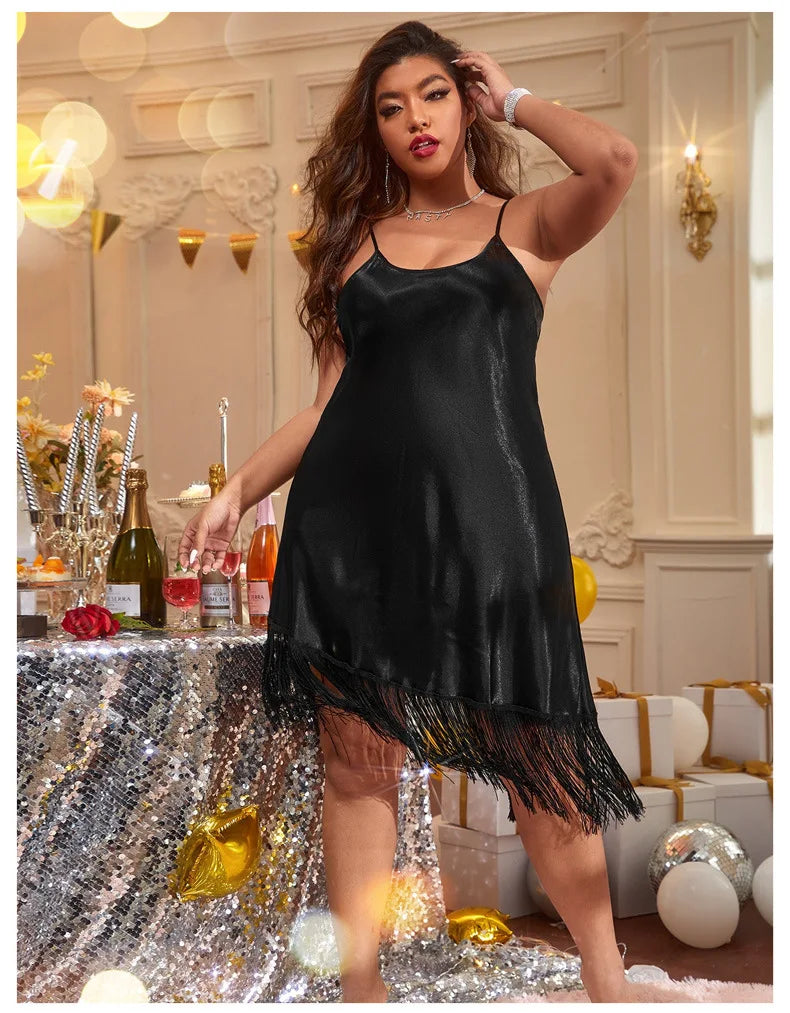 Plus Size 5XL Female Nightgown Sleepwear Sexy Black Tassels Spaghetti Strap Nightdress Nightwear Loose Silk Satin Home Dress - Seprincess