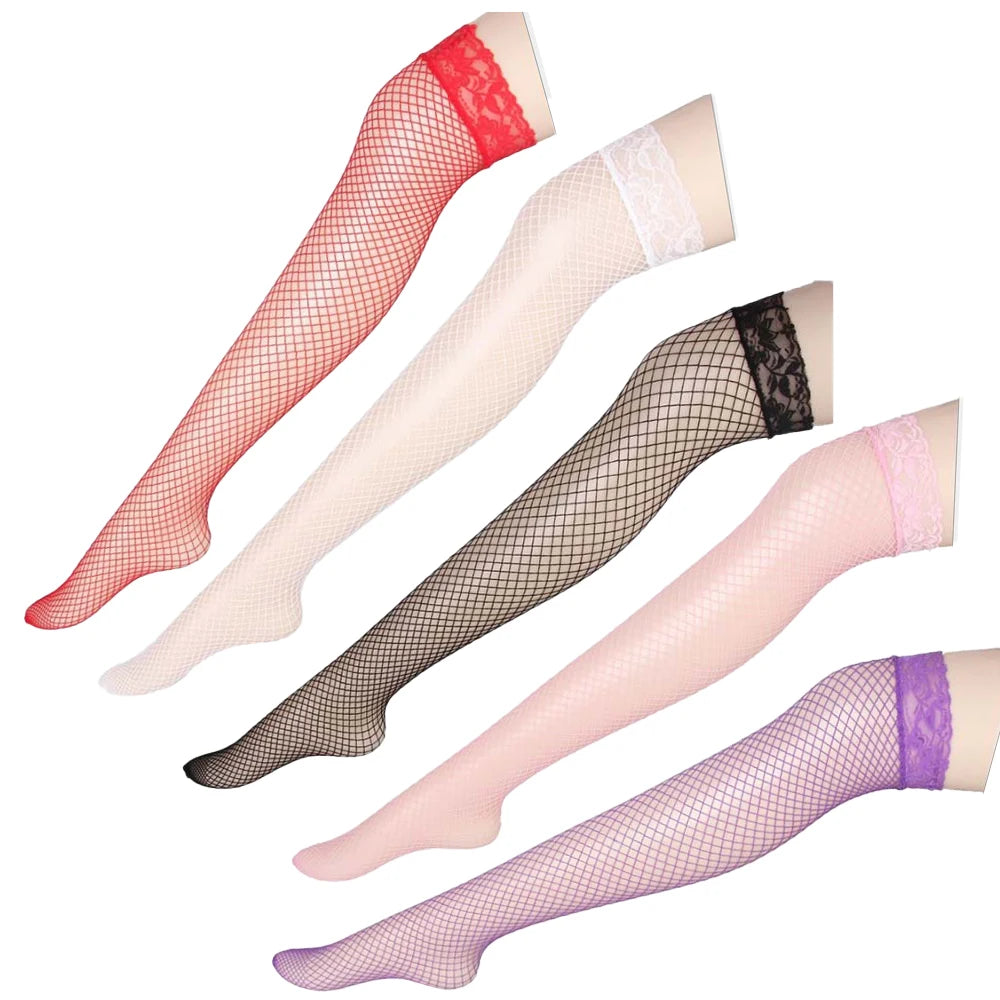 Sexy Black Thigh High Fishnet Stockings With 5 color black white pink red purple Ladies Fancy stockings S02