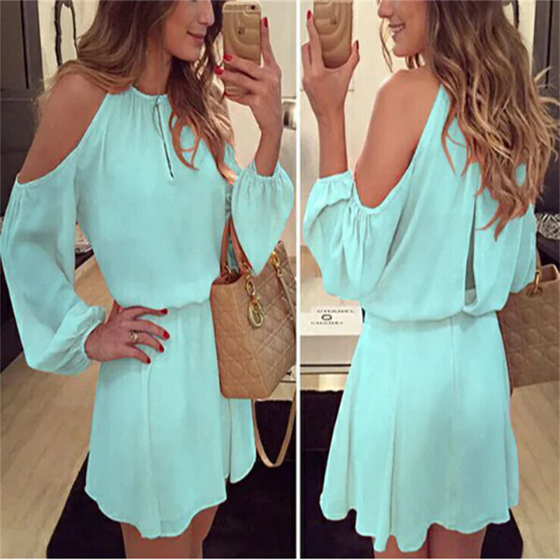 New Women Sexy Long Sleeves Casual Off Shoulder Chiffon Party Evening Club wear Short Mini Dress - Seprincess