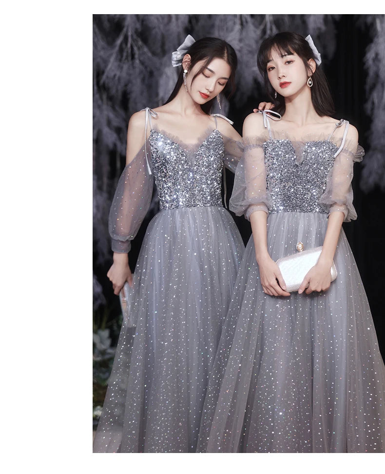 Grey Bridesmaid Evening Dress Women Off Shoulder Sequins Wedding Party Vestidos Fairy Temperament Sisters Group Gown Summer - Seprincess