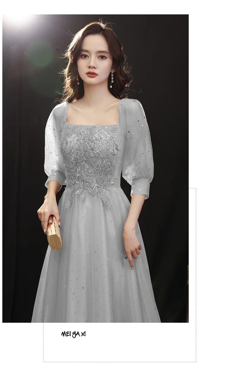 Grey Shining long lady girl women princess banquet party ballbridesmaid performance prom dress performance gown - Seprincess