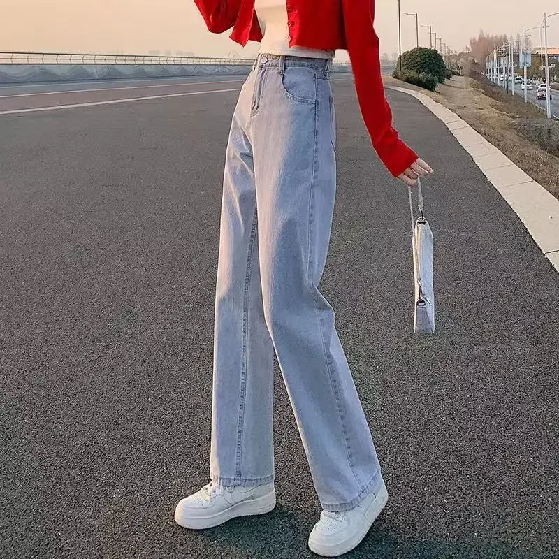 Petite Straight-Leg Jeans Women's Vintage High-Waisted Loose-Fit Bell Bottoms Autumn Season New Style Taller Legging Pants