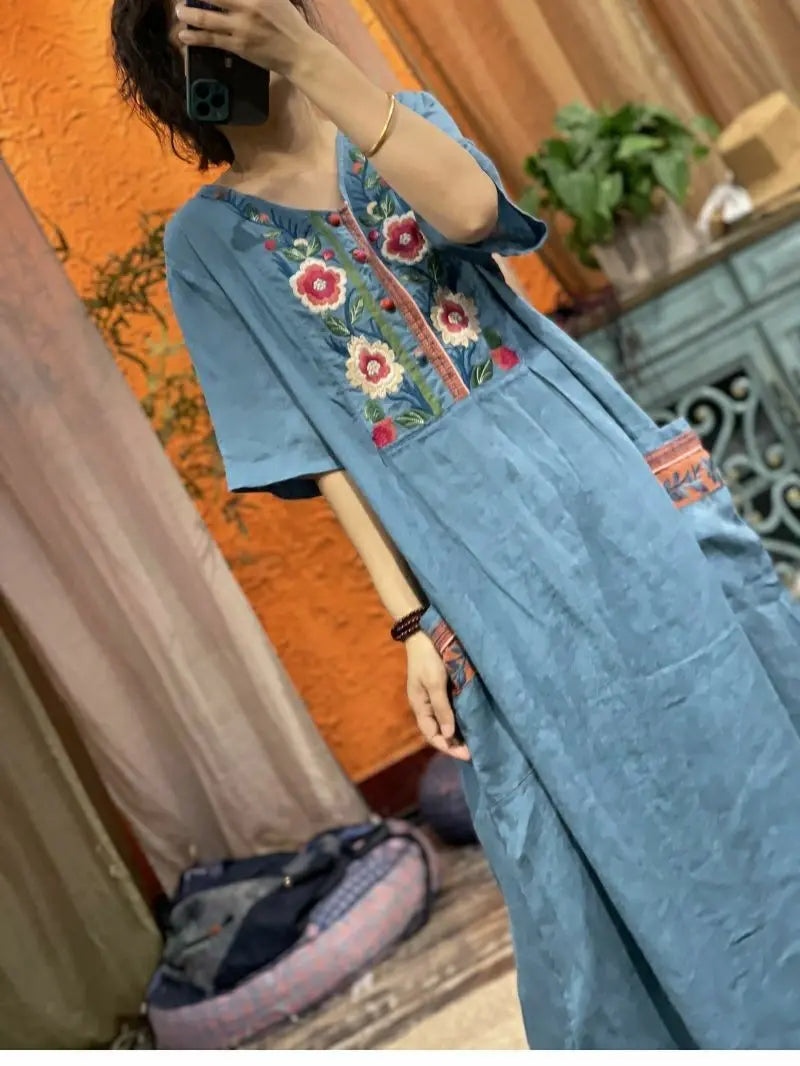 2023 Chinese national style linen embroidery v-neck button up skirt loose vintage dress women loose dress cheongsam dress pd - Seprincess