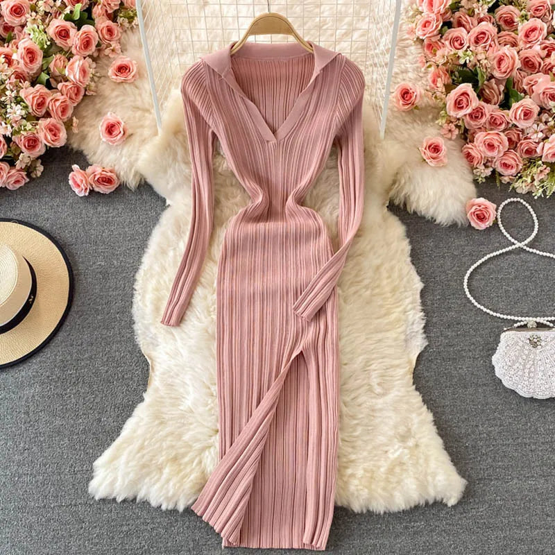 Women Korean Knitted Dress Long Sleeve V Neck Elastic Slim Pencil Dresses 2024 Autumn Sexy Bodycon Split Sweater Dress