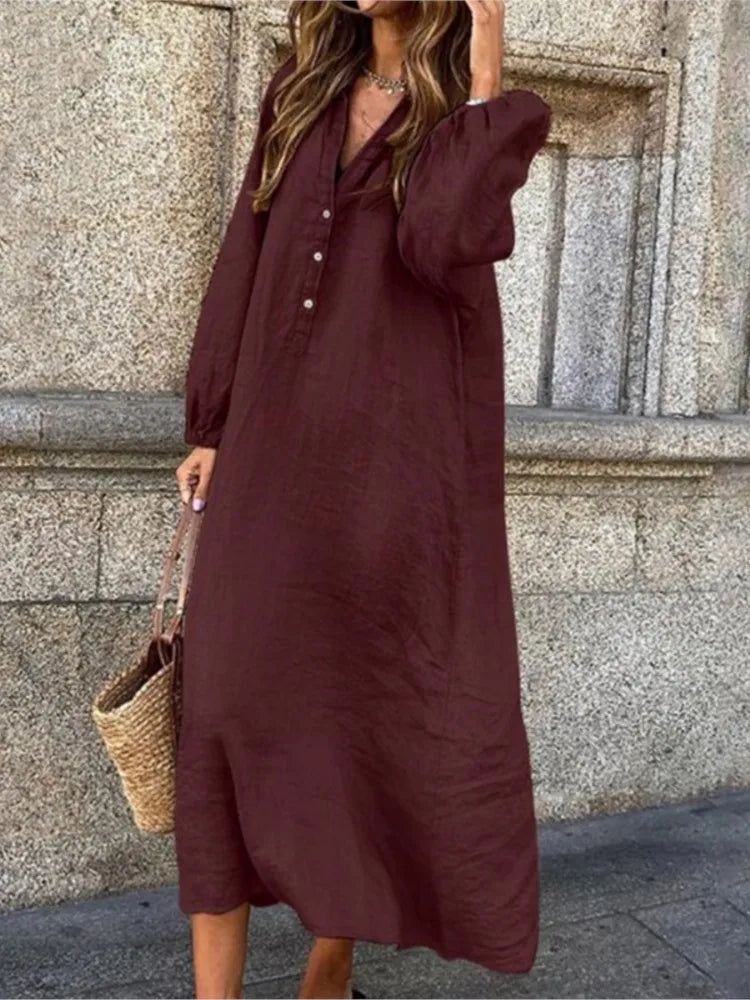 Women's Autumn New Cotton Linen Solid Color Long Sleeved Sexy V-neck Fashionable Button Long Casual Loose Comfortable Dress - Seprincess