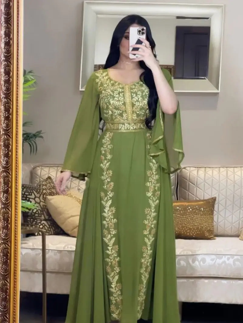 2023 Spring Summer New Women's Long Maxi Loose Dress Abaya Middle East Embroidered Kraft Tan Robe Evening Dress - Seprincess