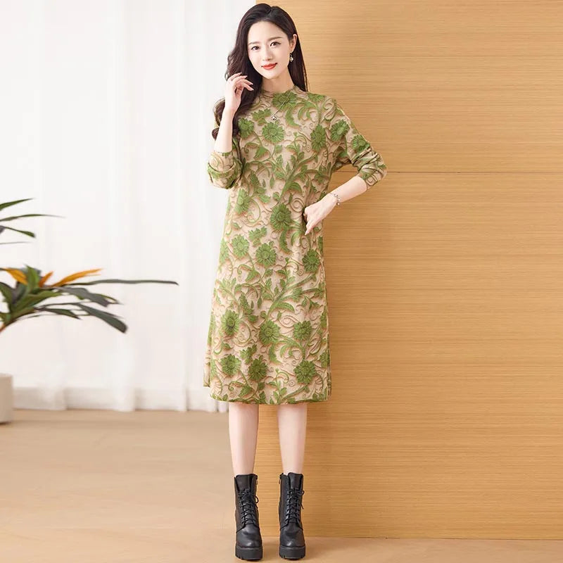 Woomen Clothing Korean Fashion Slim Knitted Jacquard Dresses Winter Thick Office Lady Daily Commute Comfortable Soft Dress - Seprincess