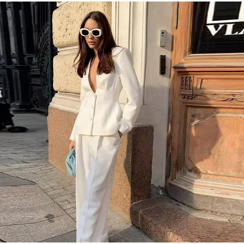 Women White 2 Pieces Set Deep V-neck Single Breasted Blazer Coat High Waist Pants Female Chic 2024 Autumn Office Lady Outfits - Seprincess