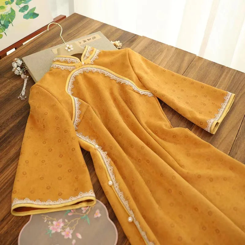 Autumn Elegant Slim Chinese Traditional Dress Women Hanfu Long Sleeve Qipao Shawl Two-piece Set Female Vestido Chino Cheongsams - Seprincess