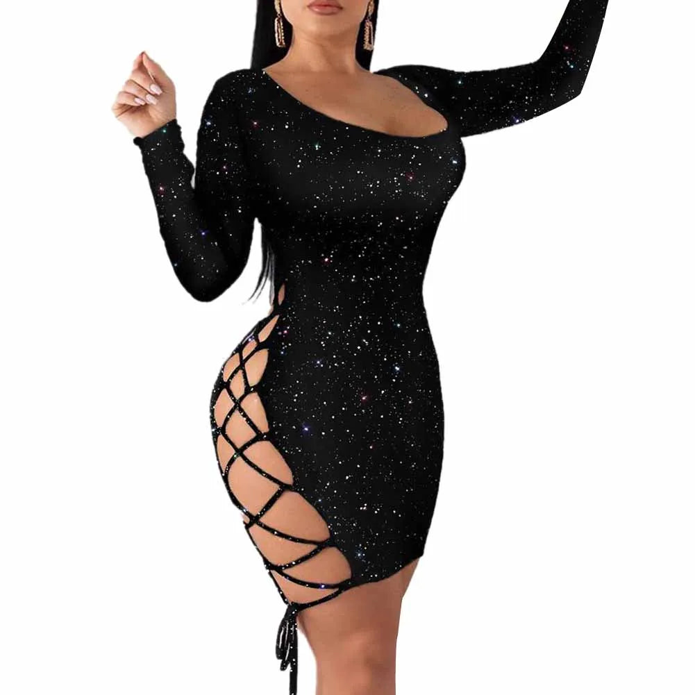 Women Dress Gown Black Long Sleeve Sexy Sexy Lady Bodycon Hollow Short Dresses Party Night Club Summer Vestido - Seprincess