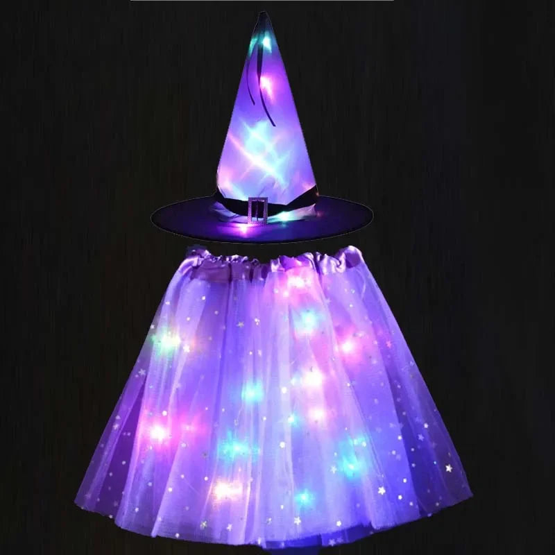 Women Kids Girl Luminous LED Glow Light Up Elf Witch Hat Star Skirt Spider Web Tutu Wizard Costume Party Gift Halloween Festival - Seprincess