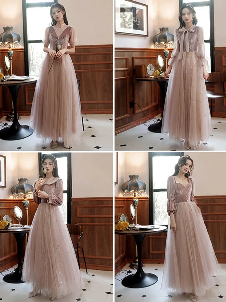 Autumn Winter Bridesmaid Dress New Women's Long Sleeve Corduroy Lace Splicing Style Dress Wedding Sisters Group Evening Dresses - Seprincess