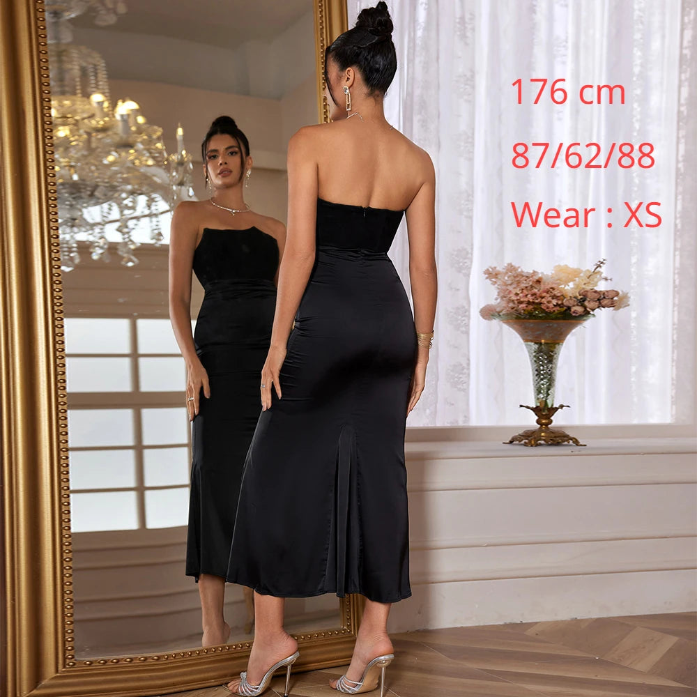 Suninheart Black Maxi Wedding Guest Dress Women Strapless Velvet Boning Corset Party Dress Sexy Satin Long Formal Occasion Dress - Seprincess