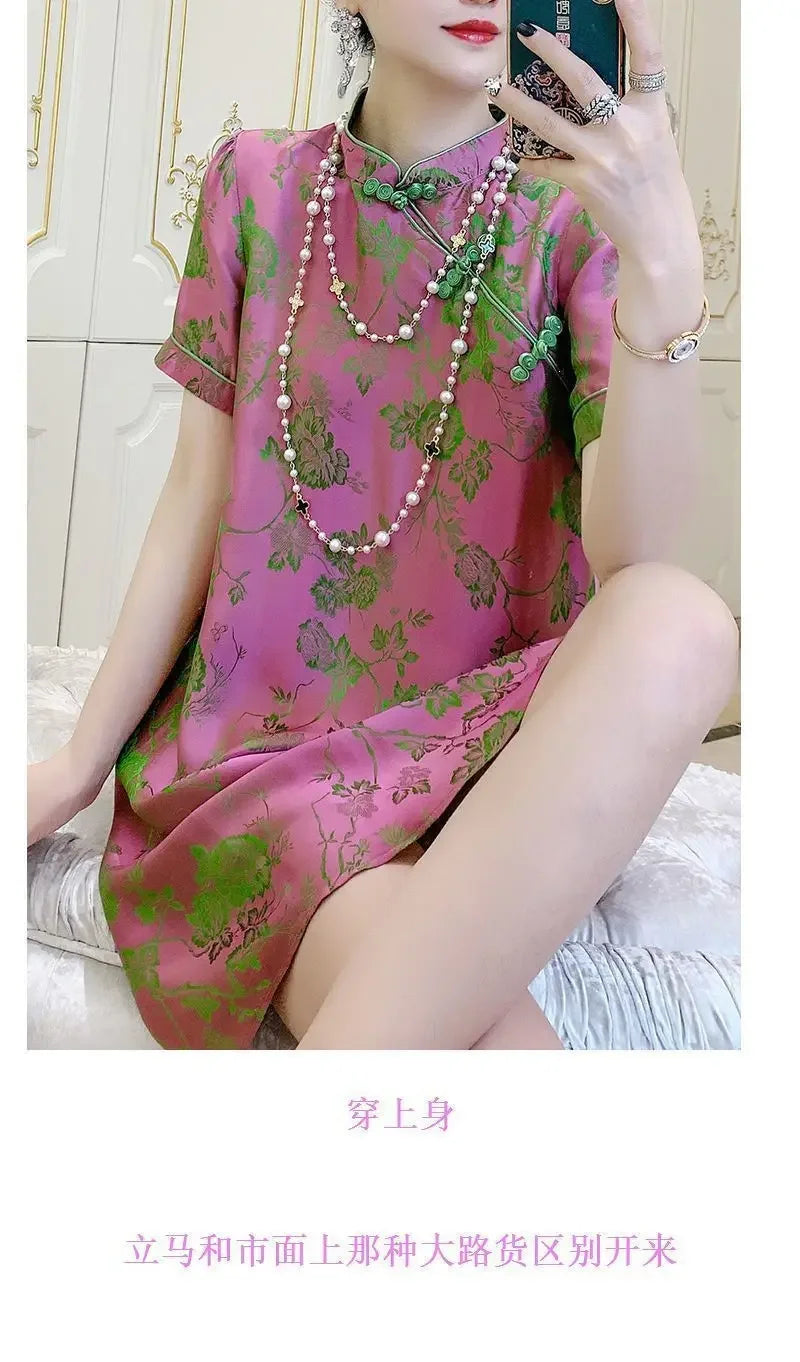 2023 New Improved Flower Printed Chinese Qipao Dress Spring Summer Short Sleeve Stand Collar Women Retro Fashion Cheongsam - Seprincess