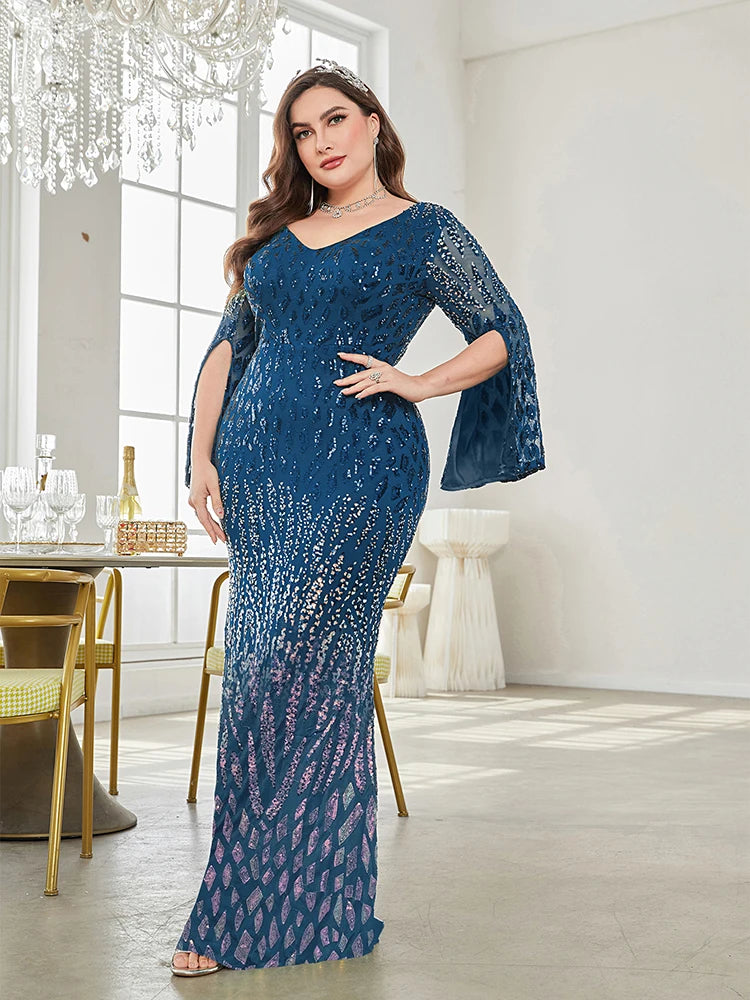 XUIBOL Plus Size Elegant Sequin Blue Evening Dress 2024 Women Formal Maxi Prom Long Sleeves Party Dress Luxury Cocktail Dress