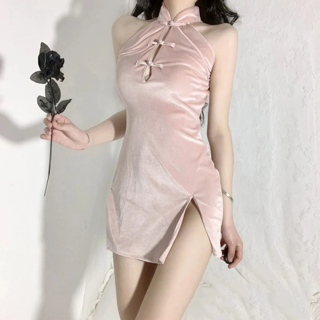 Chinese Traditional Cheongsam Velvet Sleeveless Vintage Women Mini Bodycon Dress High Slit Qipao Dress Sexy Lingerie Night Dress - Seprincess