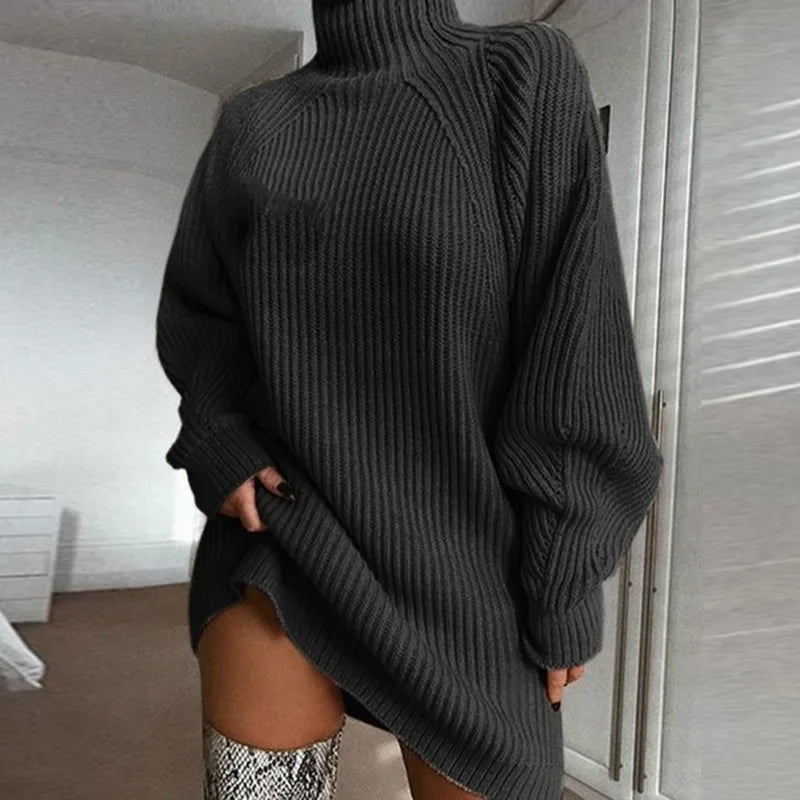 Women's Solid Color Loose Knitted Dress 2023 Autumn Winter New Dress Sweater Women Long Sleeve Turtleneck Pullover Dress Sweater - Seprincess