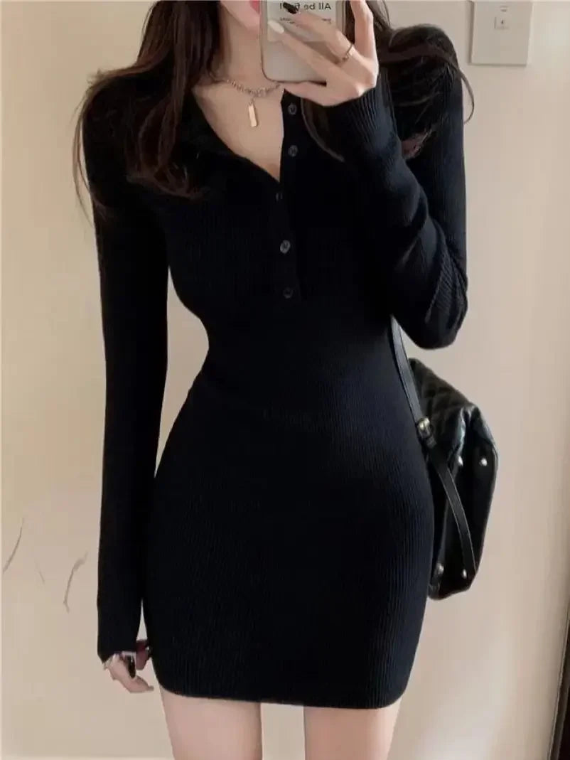 Gagarich Woman Korean High-end Waist Hot Girl Black Hip Dress Autumn Winter New Style Long Sleeved Knitted Short Vestidos - Seprincess