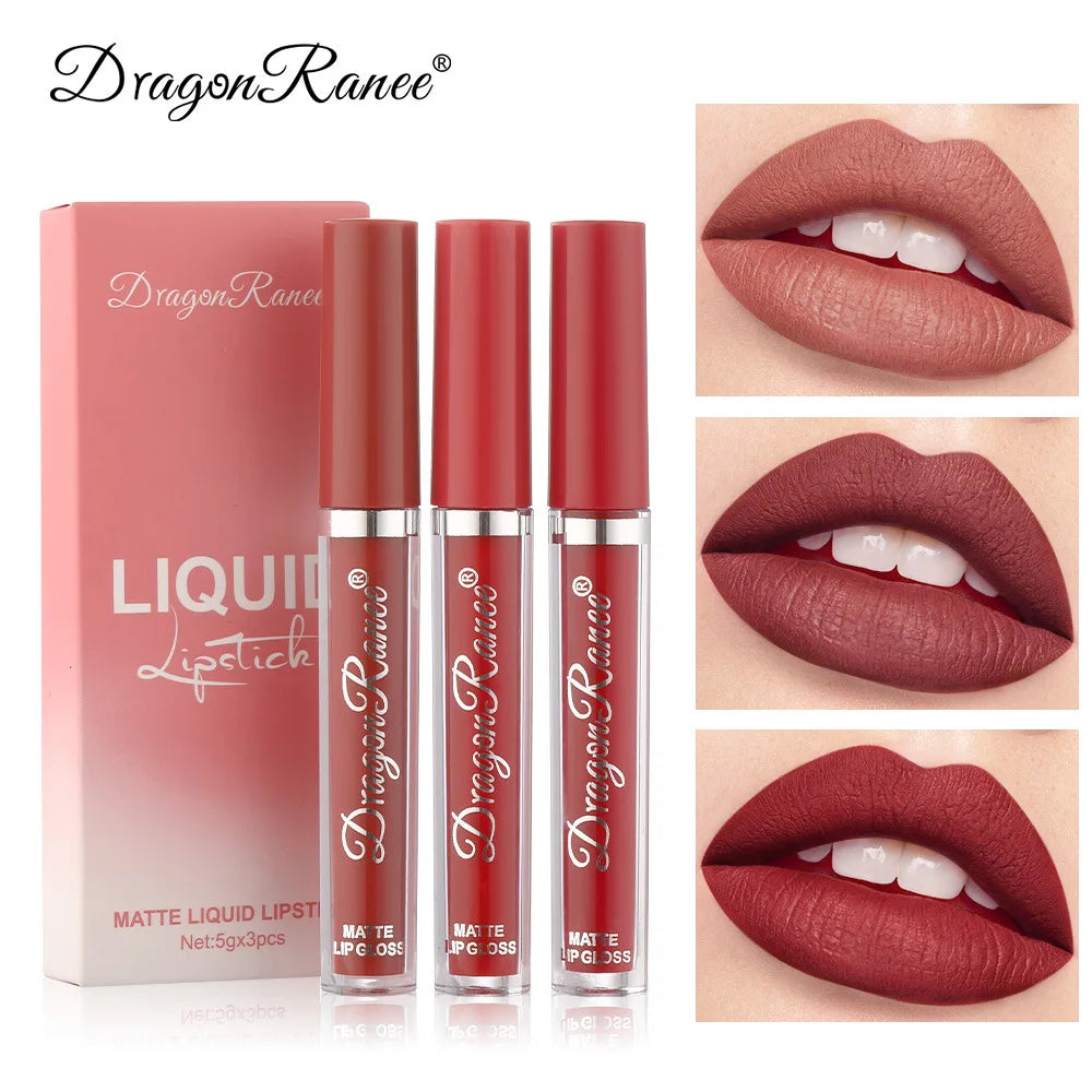 Dragon Ranee Set of 3pcs Velvet Lip Glaze Matte Lipstick Soya Lasting Lip Colour - Seprincess