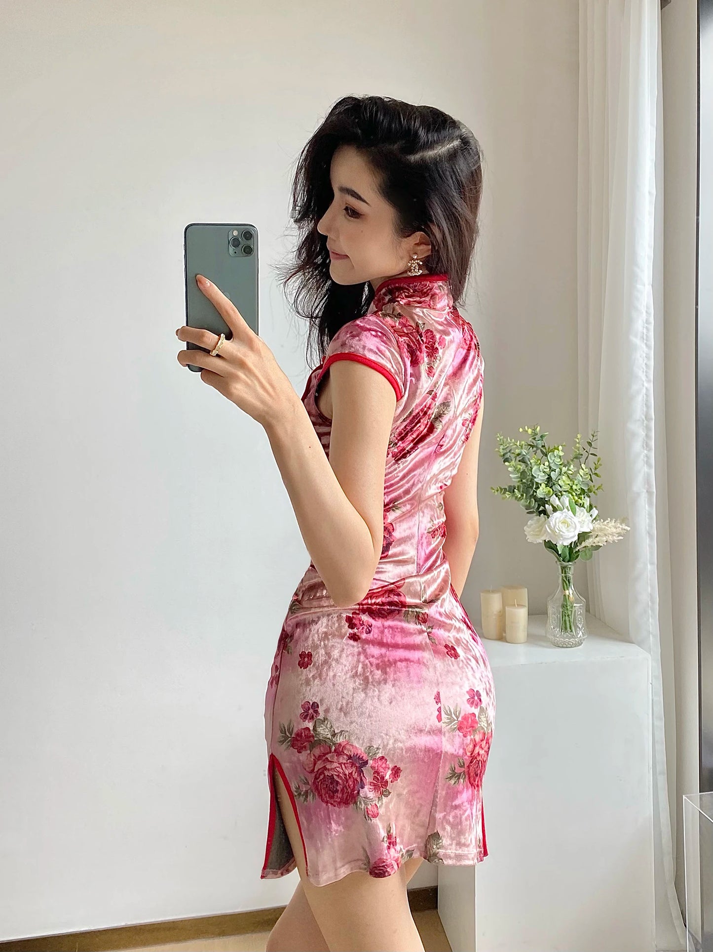 Chinese Dress Pink Sexy Qipao Dresses Cheongsam Dress Velvet Retro Printed Cheongsams Mini Qipao China Dress Robe Chinoise - Seprincess