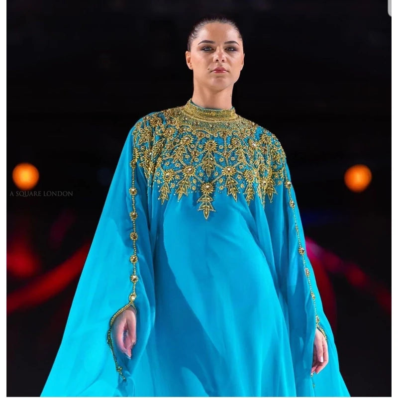 Turquoise Dubai Morocco Kaftans Farasha Abaya Dresses Very Fancy Long Dresses with European and American Fashion Trends - Seprincess