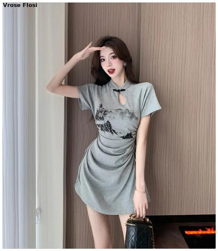 New 2024 Retro Daily Leisure Qipao Dress Chinese Style Printing Improved Cheongsam Fashionable Wrinkled Waist Design Thin Dress - Seprincess