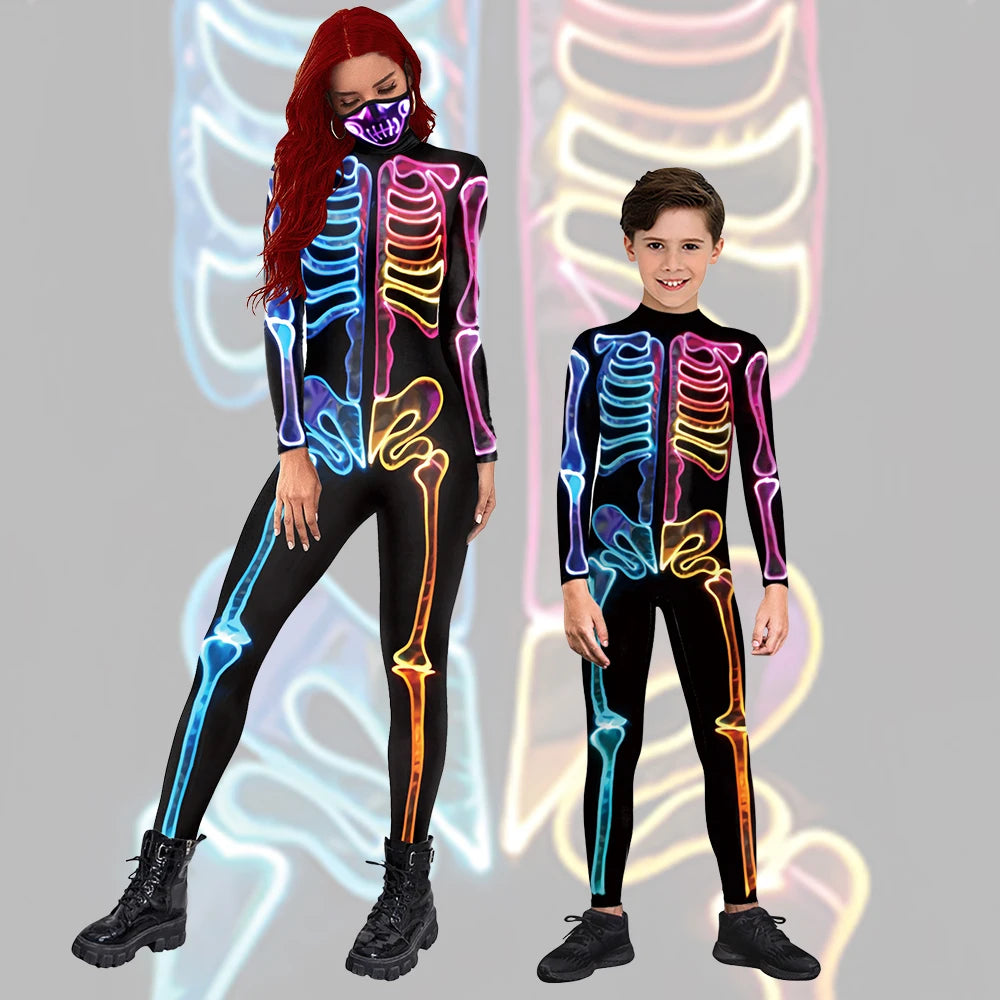 Skeleton 3D Printed Zombies Cosplay Costume Zentai Jumpsuit Matching Outfit Halloween Carnival Party Clothing Adult Children Set - Seprincess