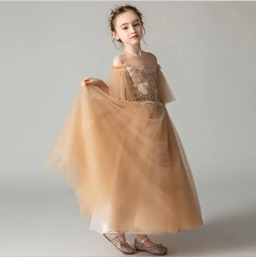 Golden Sequin Flower Girl Dress Off Shoulder Children Wedding Bridemaid Dress Long Gowns Girl Boutique Party Wear Elegant Frocks - Seprincess