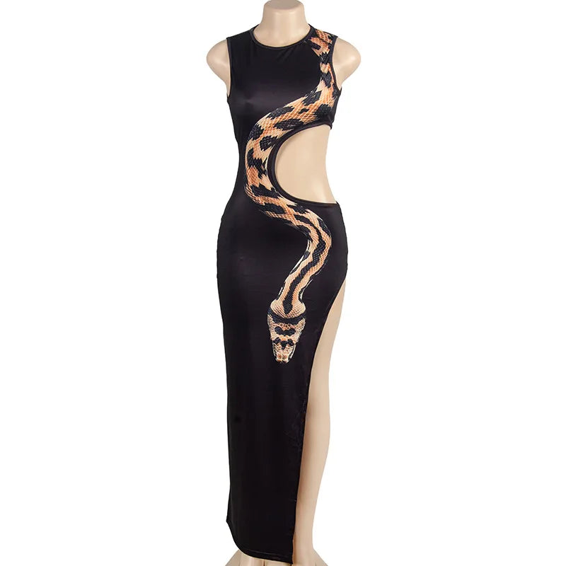 European and American 2024 summer new round neck sleeveless snake print navel-exposed hollow slit long dress - Seprincess