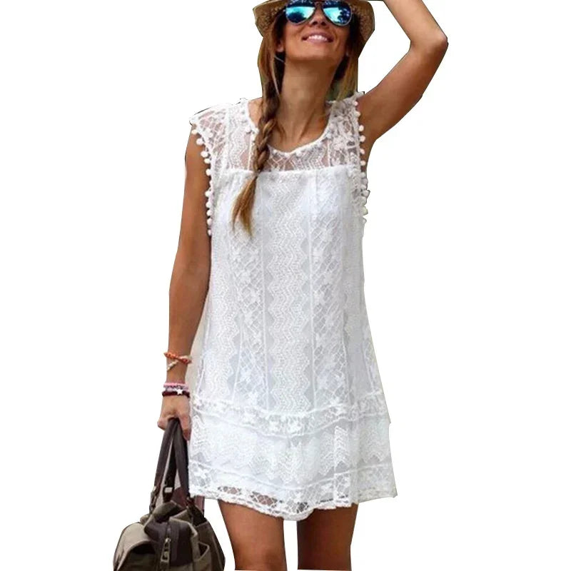 Summer White Women Dress 2024 Casual Sleeveless Beach Short Dress Female Sexy Tassel Mini Lace Dress vestidos de tric? femenino - Seprincess