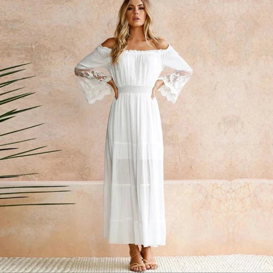 TEELYNN boho dress white sexy off the shoulder beach sundress Flare long sleeve splice lace women dresses summer vestidos - Seprincess