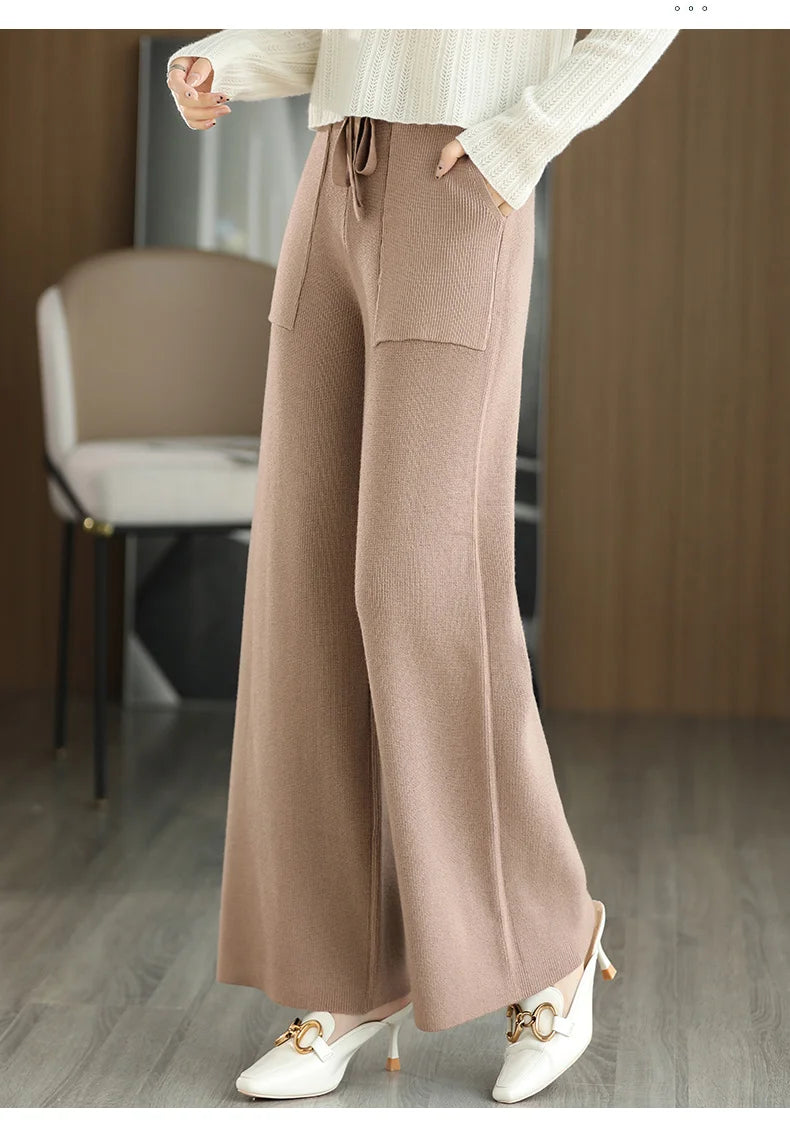 Women's Merino Wool Knitted Pants Office Lady Simple High Waist Straights Trousers Cashmere Wool Autumn Winter Thick Knitwear