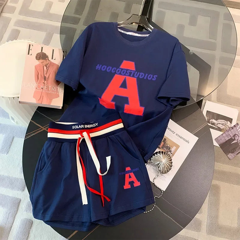 2024 Summer Women Clothing Set Short Sleeve T-Shirt+Shorts 2Pcs Suit Letter Print Female Casual Loose Tracksuit Fashion Outfits - Seprincess