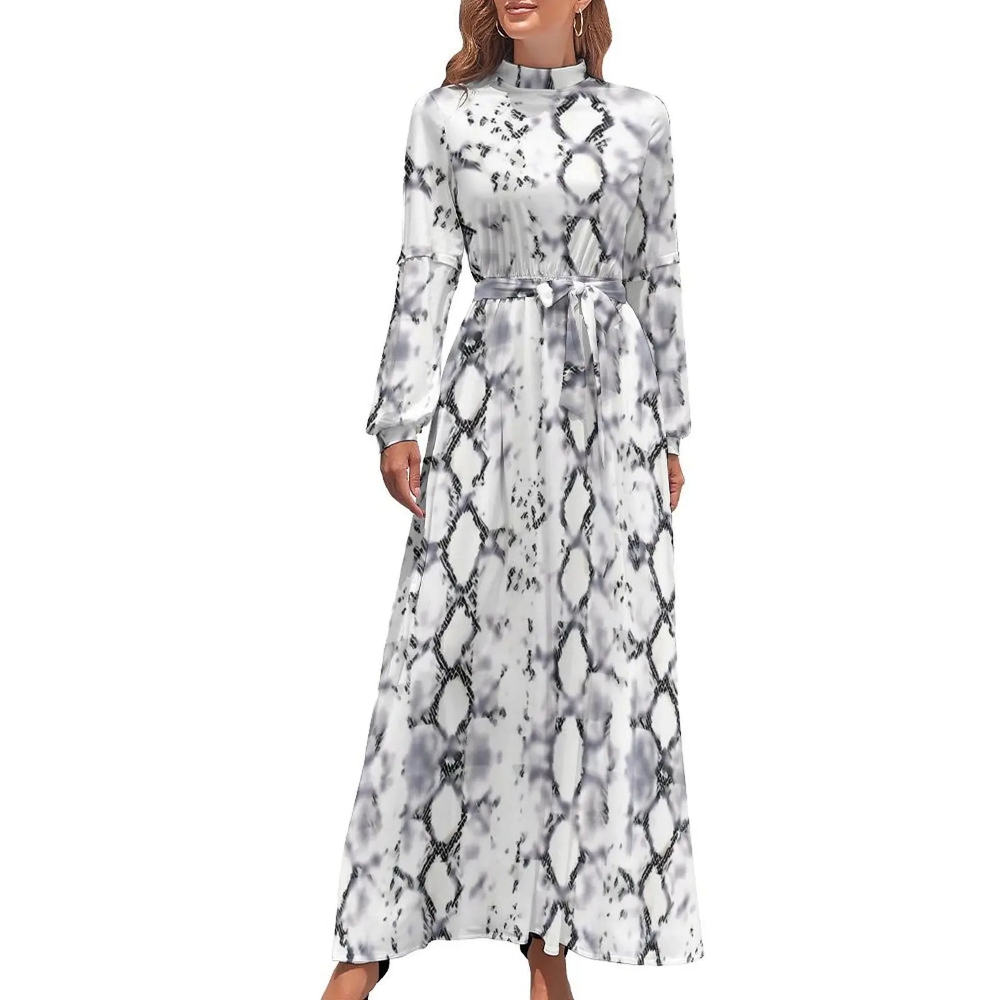 Vintage Snake Skin Print Dress  Kawaii Design Maxi Dress High Waist Long-Sleeve Casual Beach Long Dresses - Seprincess