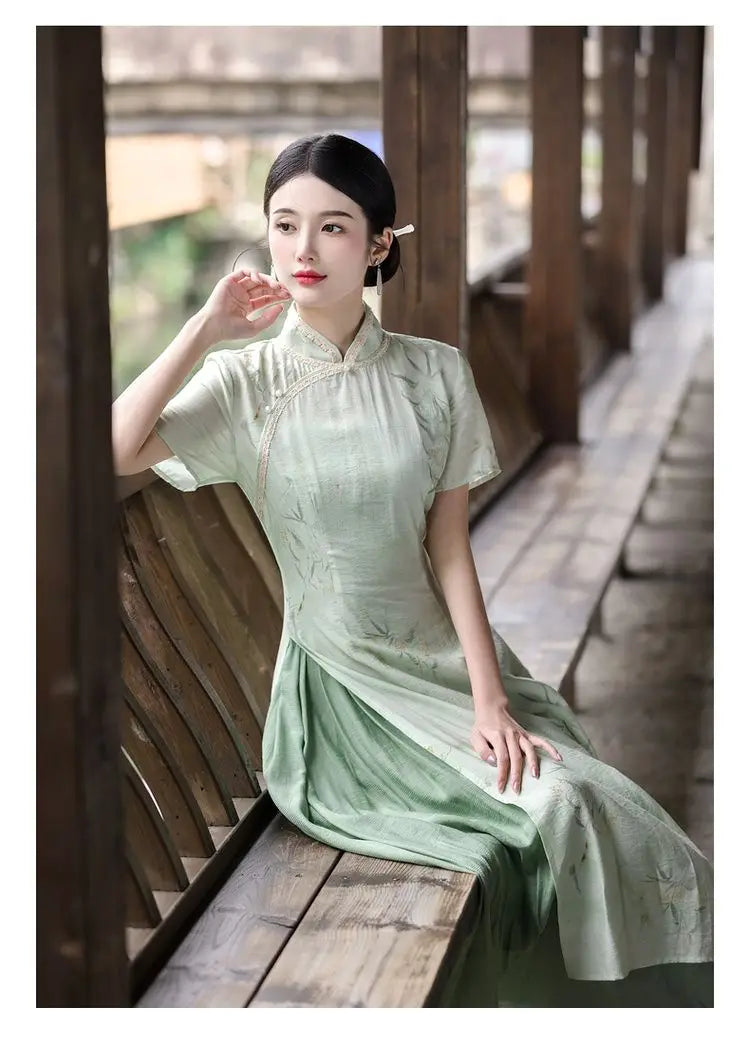 Retro Chinese Style Short Sleeve Qipao Two-piece Set Women New Chinese Style Green Improved Cheongsam Summer Long Dresses - Seprincess