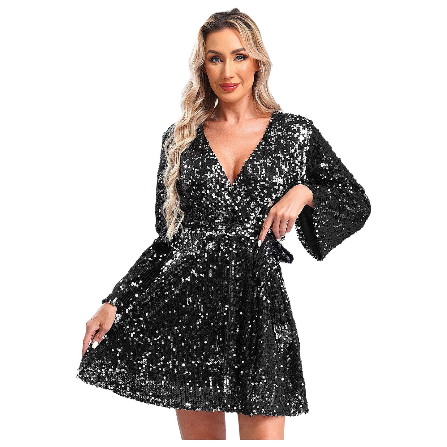 Fashion Women's Dress Clubbing Prom Vestidos V Neck Loose Sequin Dresses Long Sleeve Gown for Cocktail Party Prom Evening Robe - Seprincess