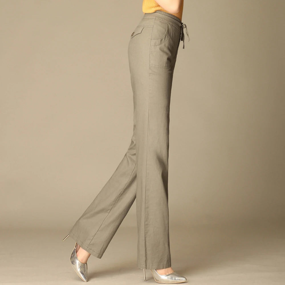 Women Drawstring Casual Cotton Linen Pants Solid White Black Khaki Breathable Summer Thin Straight Leg Loose Trousers S 4XL