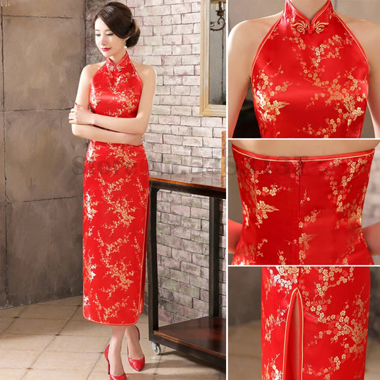 Plus Size 3XL Qipao Sexy Backless Sleeveless Cheongsam Retro Classic Brocade Chinese Vestidos Traditional Printed Flower Dress - Seprincess