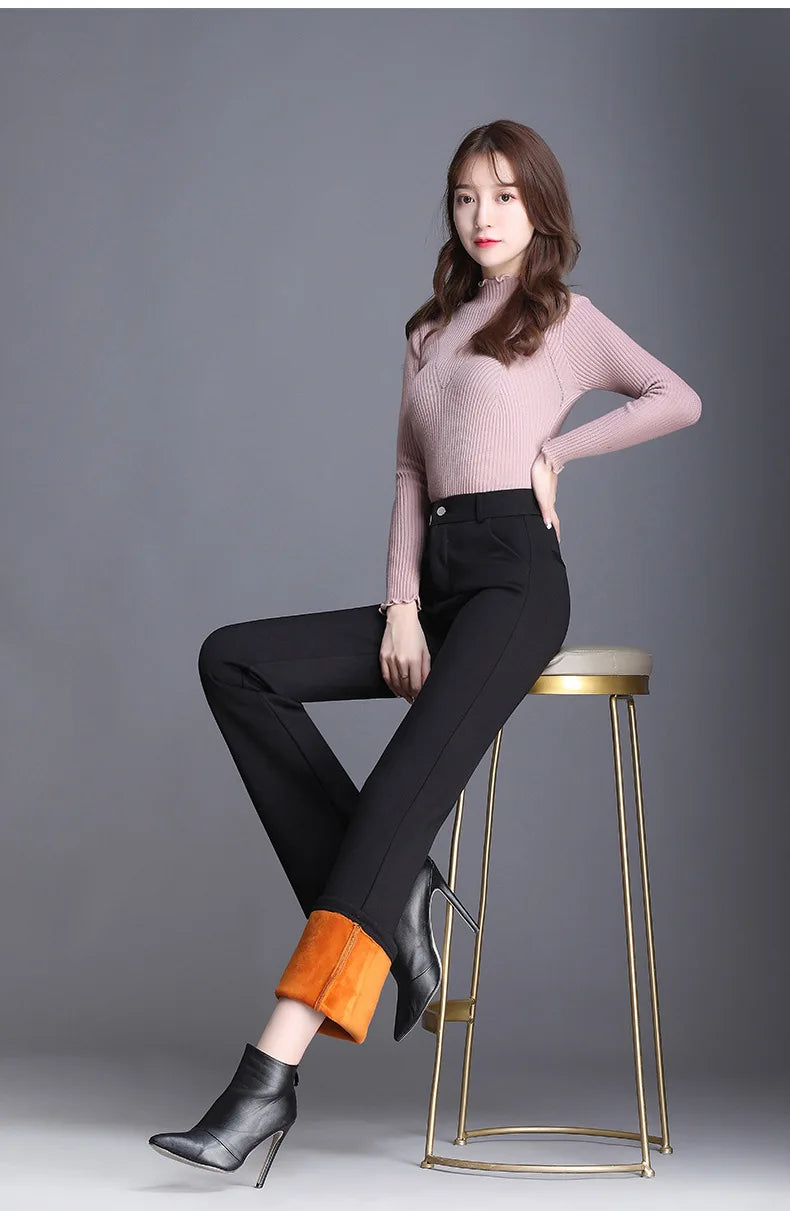 Women Plus Size High Waist Winter Autumn Fleece Velvet Plush Suit Pants Thicken Warm Office Flare Trousers Hot Lining 9XL 6XL