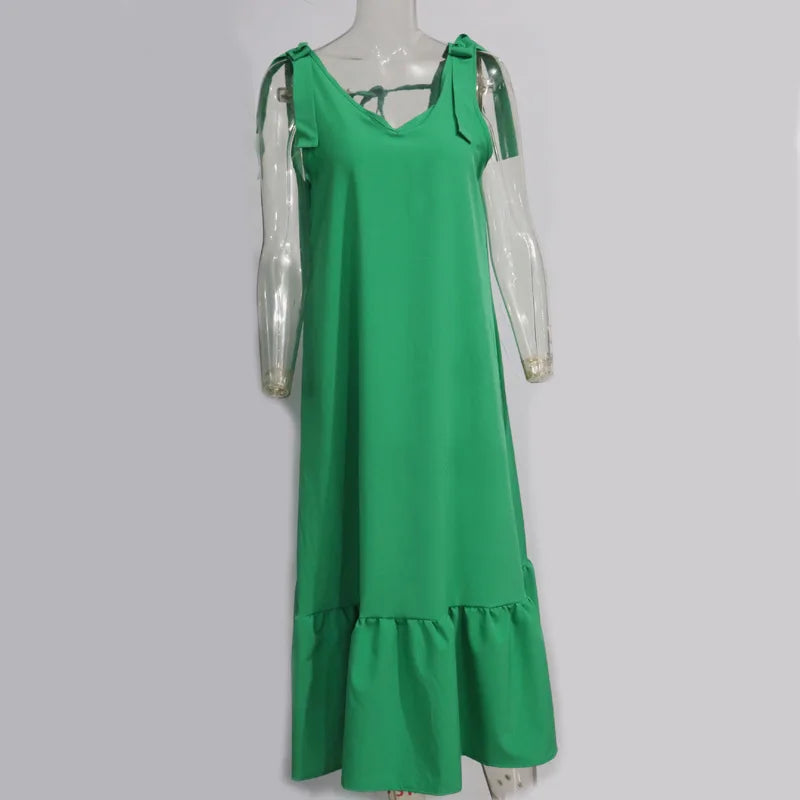 Summer 2024 Green V-neck Lace Up Dress Loose Casual Dress Long Dress Solid Bohemian Beach Skirt - Seprincess