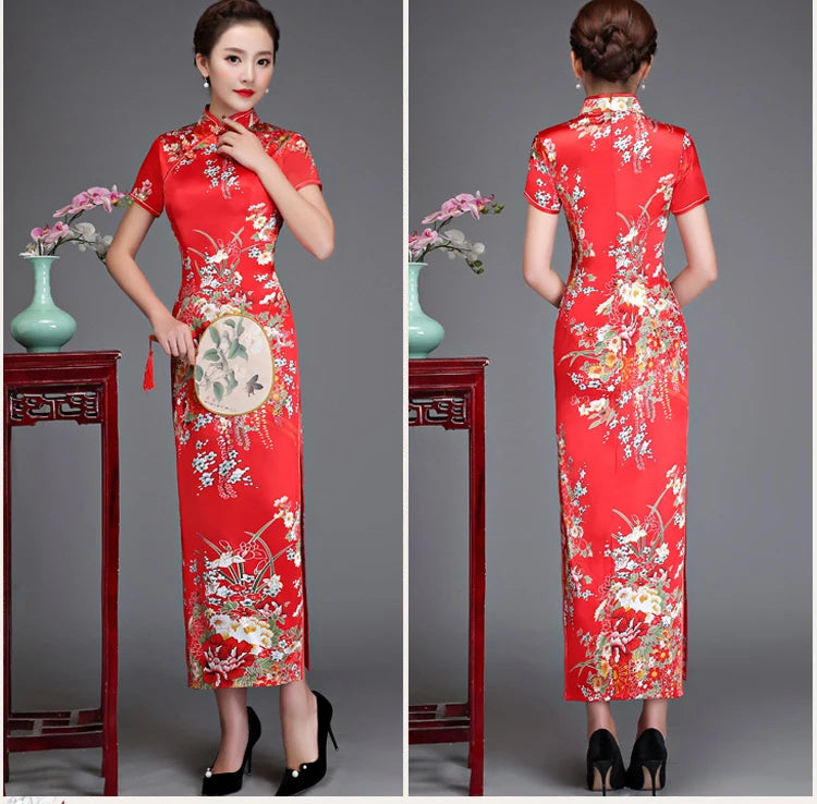 Old Shanghai Elegant Women Satin Qipao Slim 3/4 Sleeve Long Dress New Traditional Chinese Mandarin Collar Cheongsam Vestidos - Seprincess