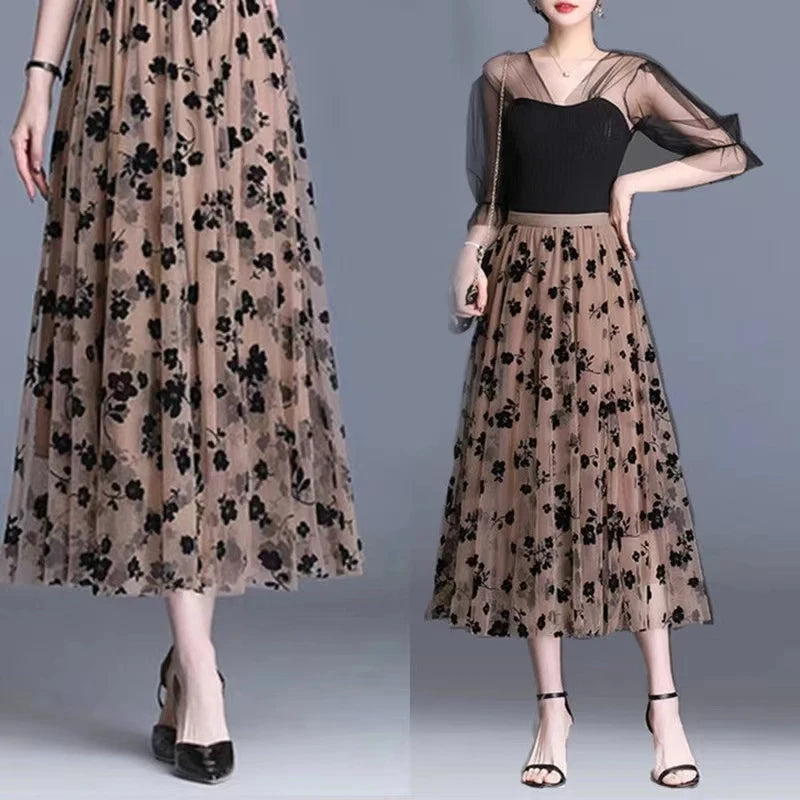 Korean Women Tulle Skirt Fashion Summer Hook Floral Loose Midi Skirt Elegant Female Casual All Match Mesh Skirts New - Seprincess