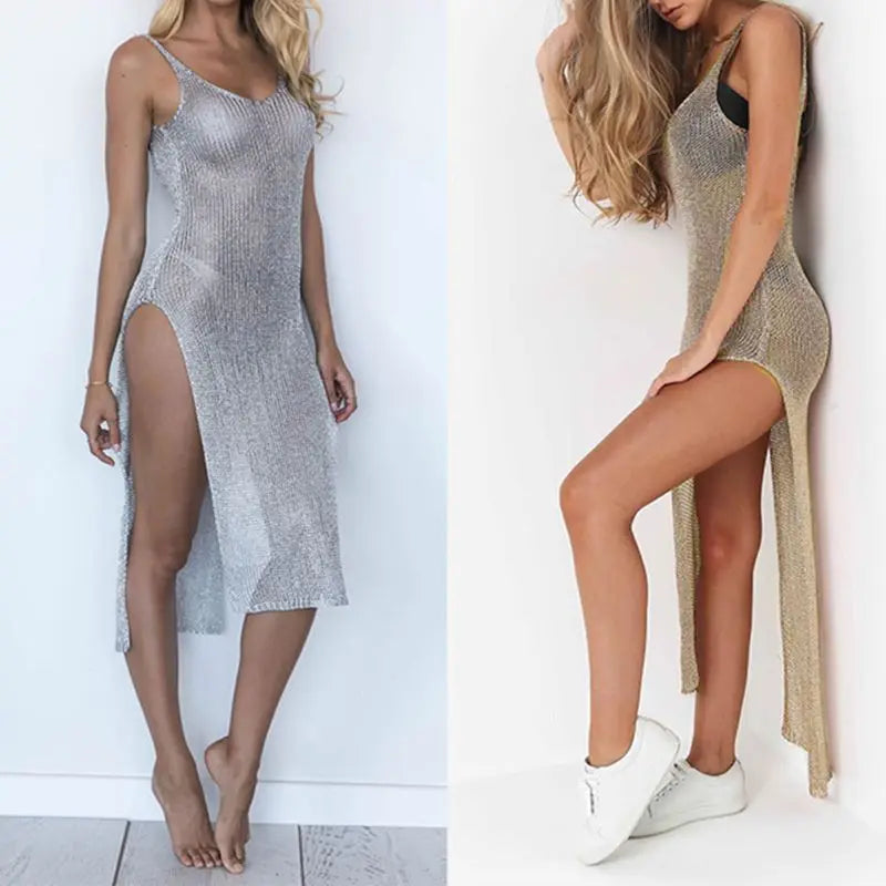 Women Sexy Summer Sunscreen Sheer Mesh Bikini Cover Up Metallic Solid Color Backless High Slit Beach Club Party Sleeveless Dress - Seprincess