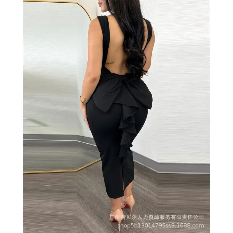 New Women's Backless Ruffles Patchwork Dress 2023 Elegant Sexy Evening Party Dress Women's Spaghetti Strap V-neck Slim Fit Dress - Seprincess