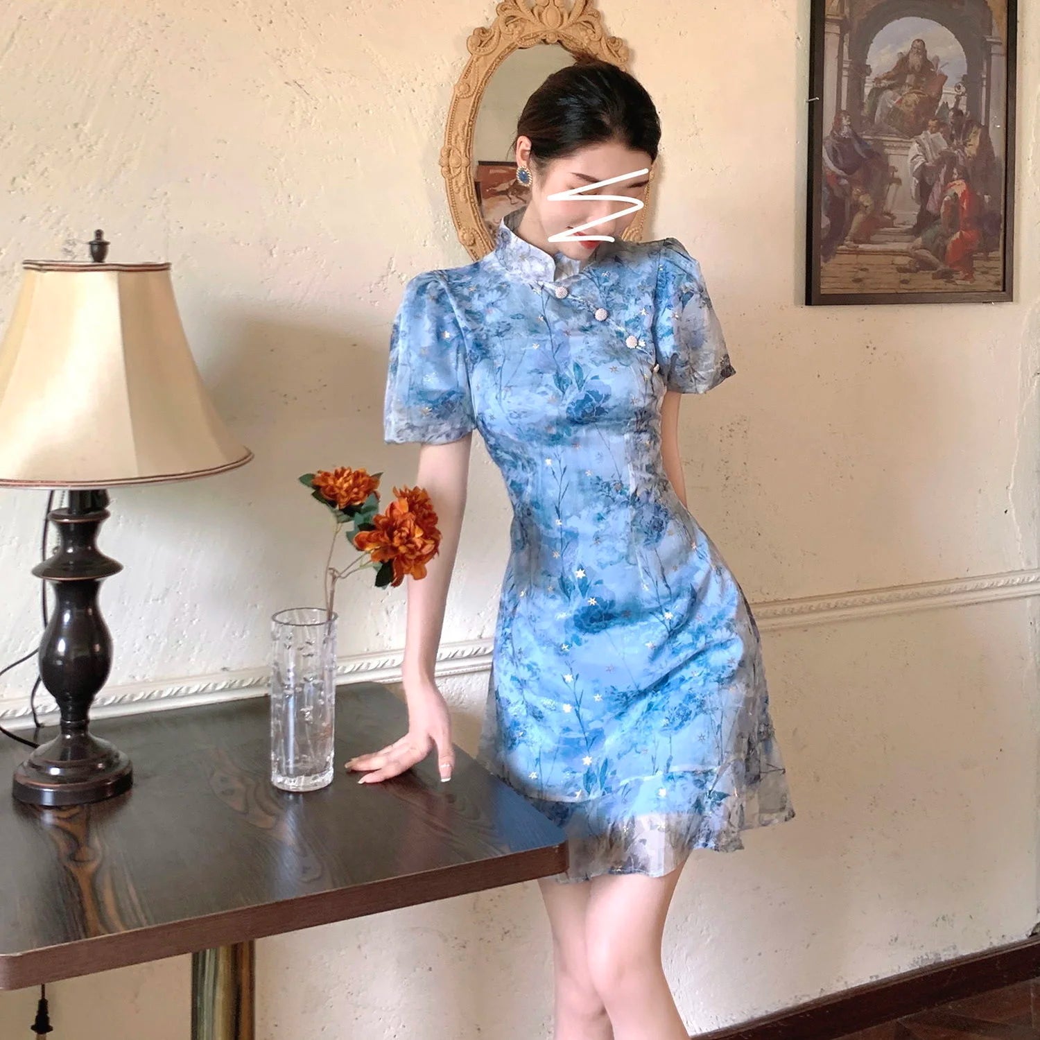 Summer French Short Sleeve Modern Chinese Dress Improvement Cheongsam Girl's Blue Print Fashion Dresses Qipao - Seprincess