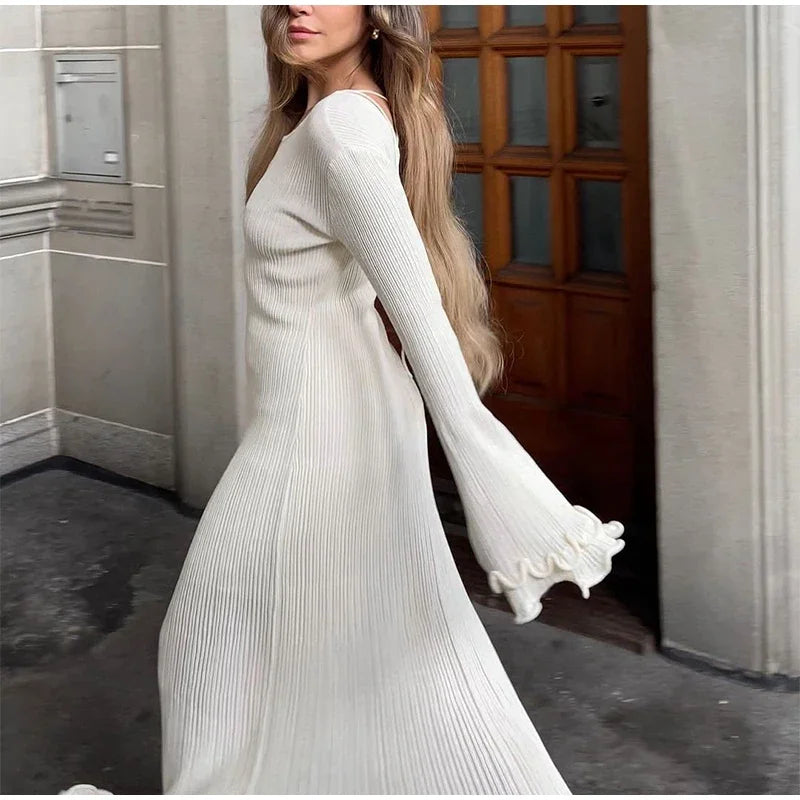 Women Elegant Ruffle Hem Knit White Long Dress O-neck Flare Long Sleeve Backless Bandage Dresses 2024 New Evening Party Robes - Seprincess