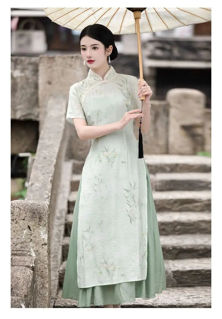 Retro Chinese Style Short Sleeve Qipao Two-piece Set Women New Chinese Style Green Improved Cheongsam Summer Long Dresses - Seprincess