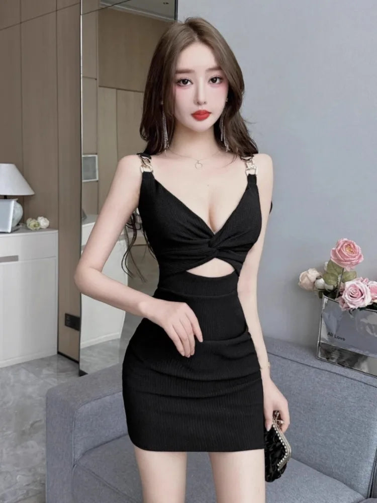 Kimotimo Women Sexy V Neck Hollow High Waist Clubbing Dress Temperament Sleeveless Backless Slim Fit Party Mini Dresses Summer - Seprincess