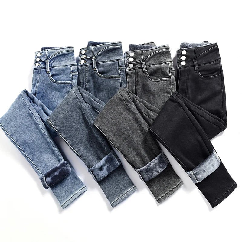 ZOENOVA Y2K Jean Warm Velvet Jeans Woman High Elastic Mom Casual Ladies Trousers Denim Fleece Pants Korea Fashion Soft Leggings